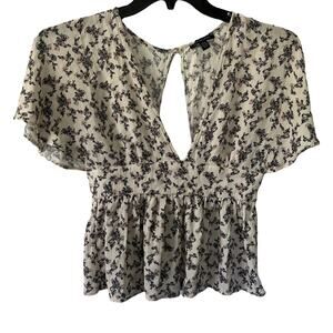 American Eagle Cream Dainty Floral Flutter Sleeve Open Back Blouse